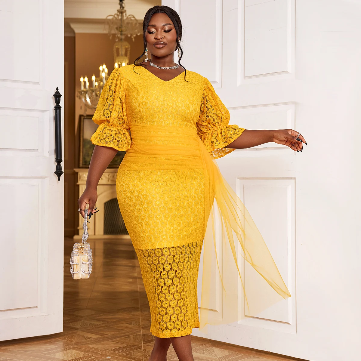 yellow lace mesh dress Jodie Cut Out Mesh Maxi Dress VICI