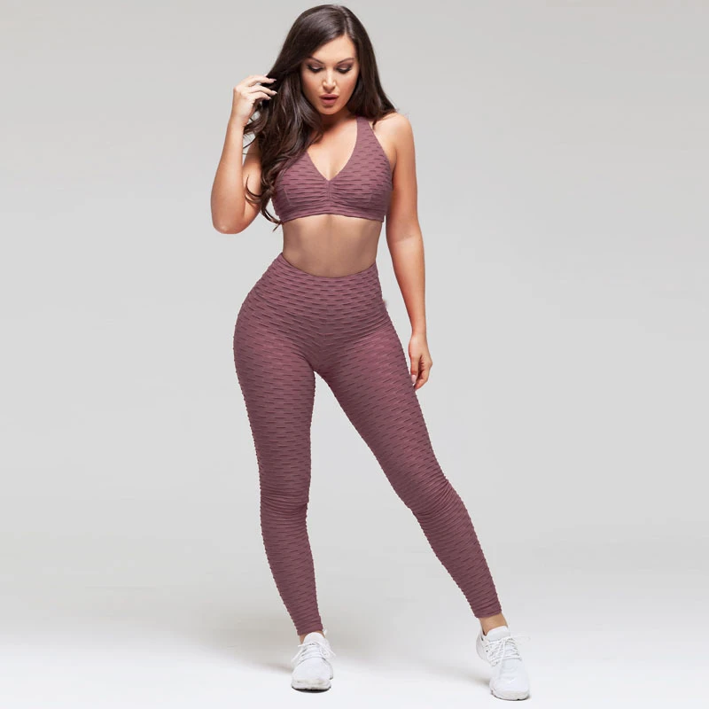 Seamless Yoga Suit 2 Piece Sports Shirts Yoga Bra Biustonosz Pantalones Leggings Gym Clothes 7829