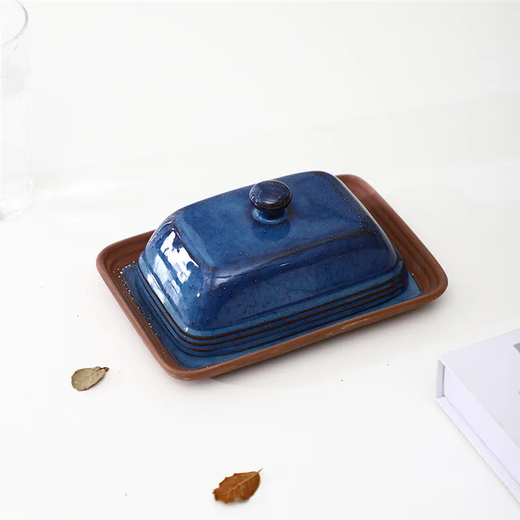 Factory wholesale cheap kitchen restaurant rectangle smooth glaze blue ceramic butter dish with lid.jpg