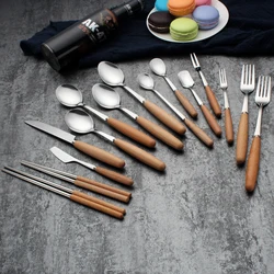 China Factory High Quality Stainless Steel Flatware Knife Fork Spoon and Chopsticks with Wooden Handle Tableware Cutlery