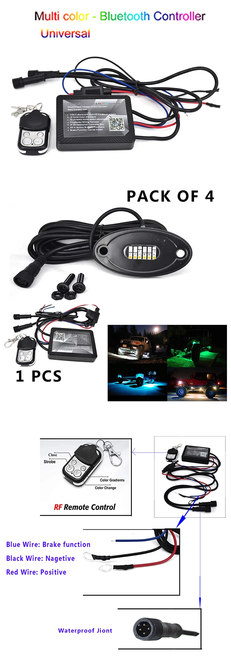 Customized color waterproof APP controller universal rgbw led rock light kit for truck suv pickup