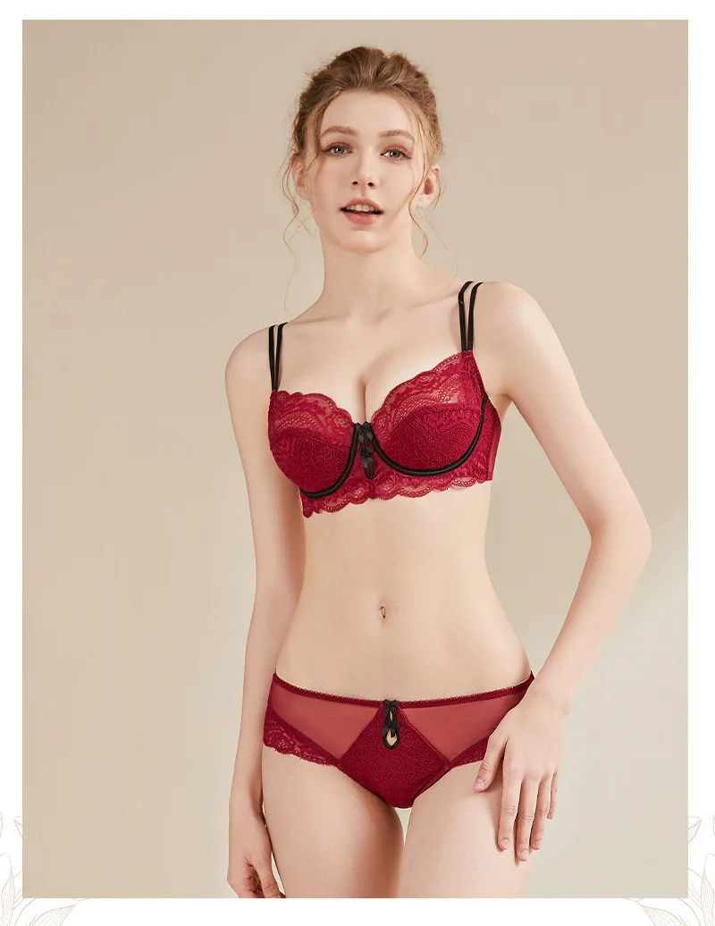 Benmingnian Red Lace Bra Thongs European American Sexy Ultra-Thin Underwear Adjustable Straps Pure Big Chest Showy Large Size