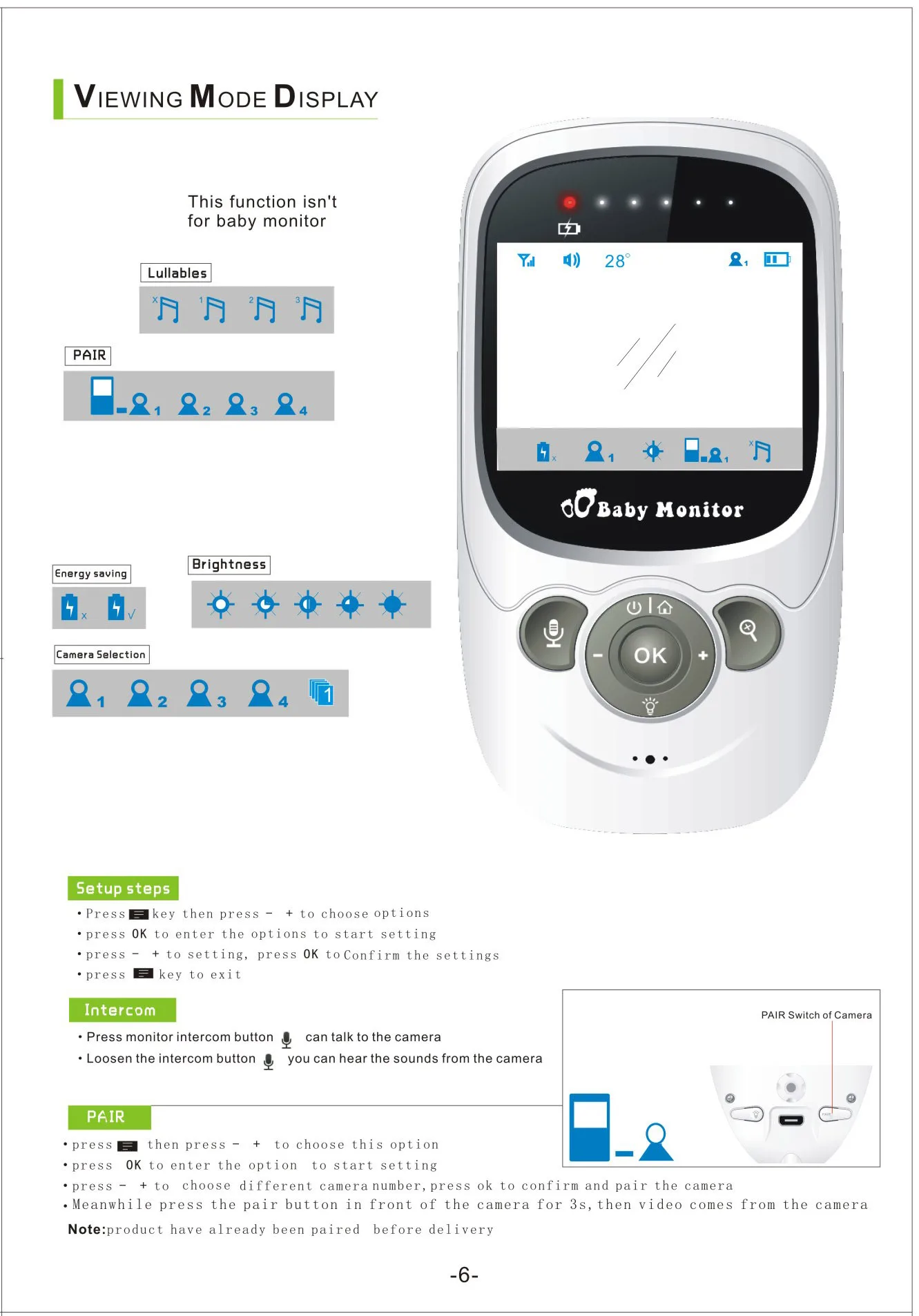 2.4 inch LCD video baby monitor with digital camera, night vision, two-way audio, temperature sensor, lullaby, SP880