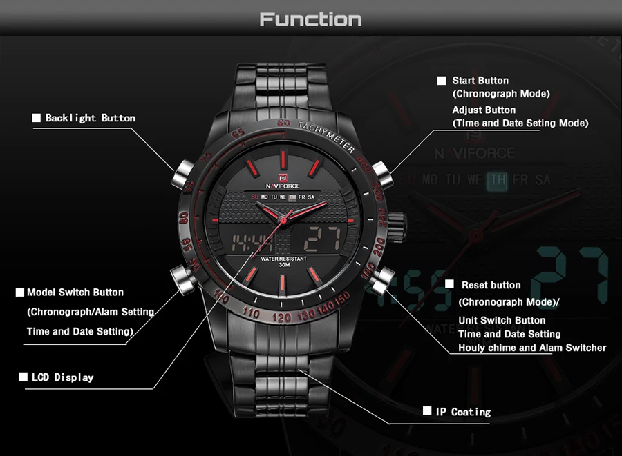 NAVIFORCE NF9024 Stainless Steel Analog Digital LED Watch for men