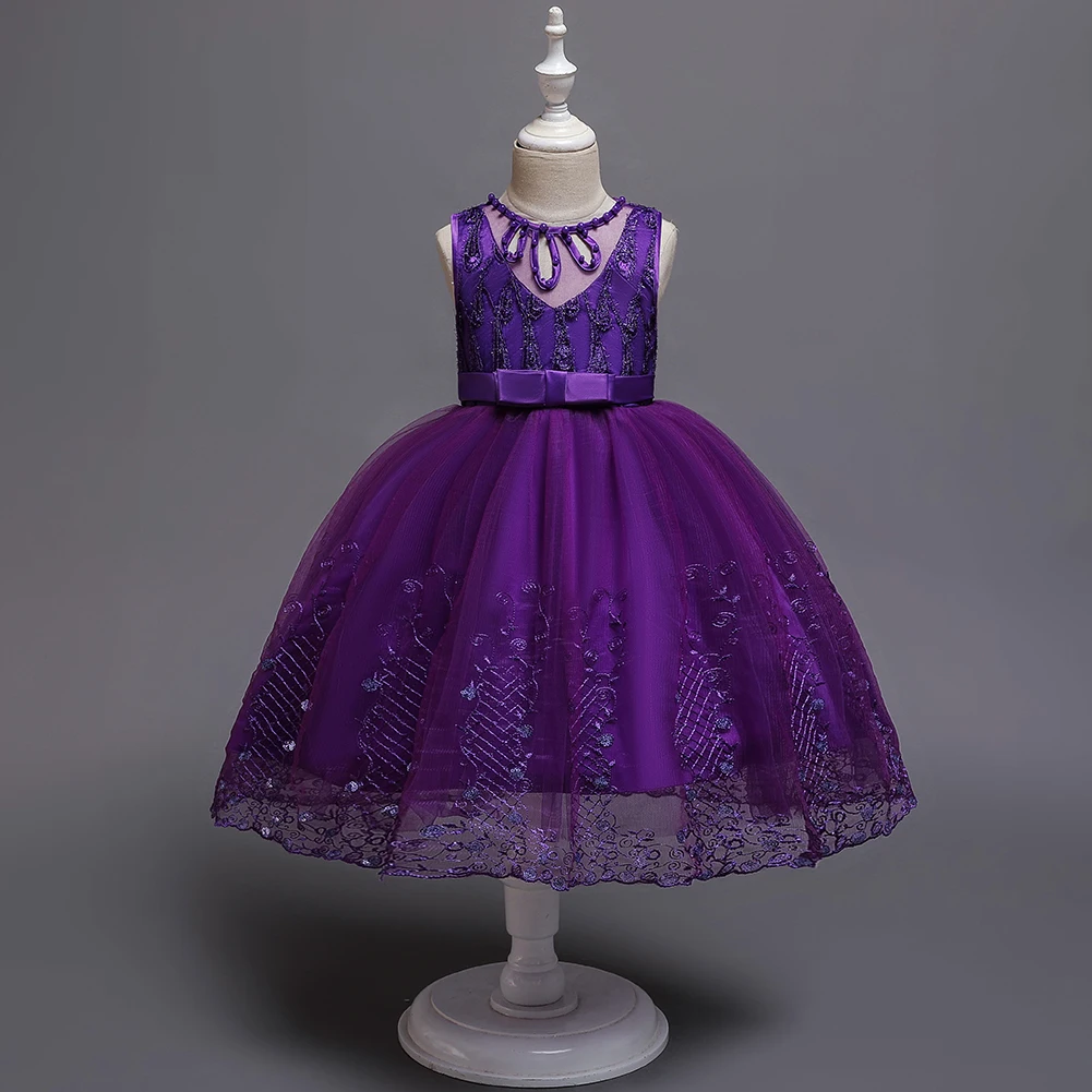 Purple lovely girls birthday dresses  puffy summer kids night dress  lace children party dress for 6 years old