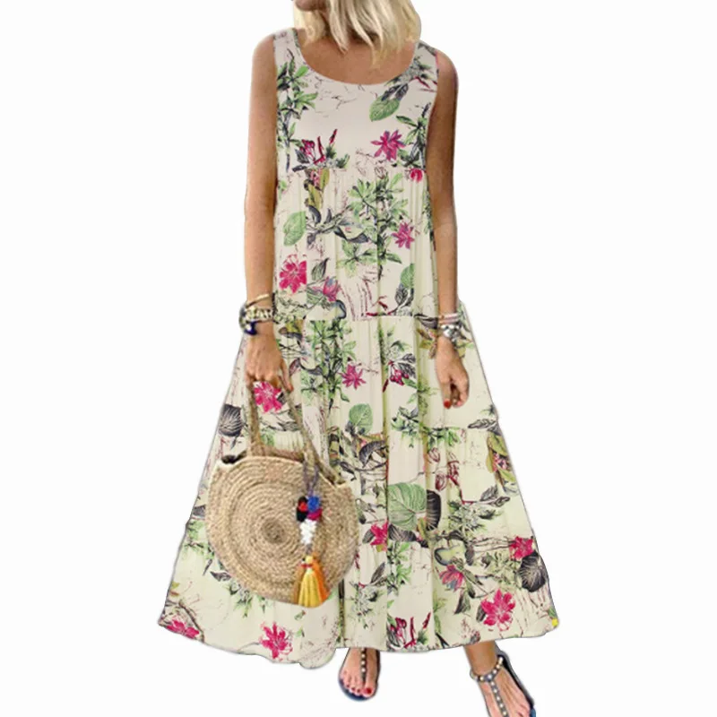 New Summer loose plus size vintage floral print sleeveless maxi dress for women