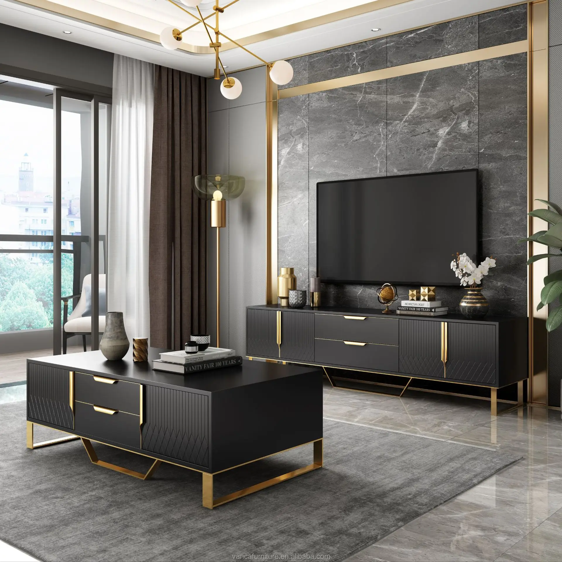 Contemporary Gold Metal Base Wooden Tv Cabinet And Coffee Table With ...