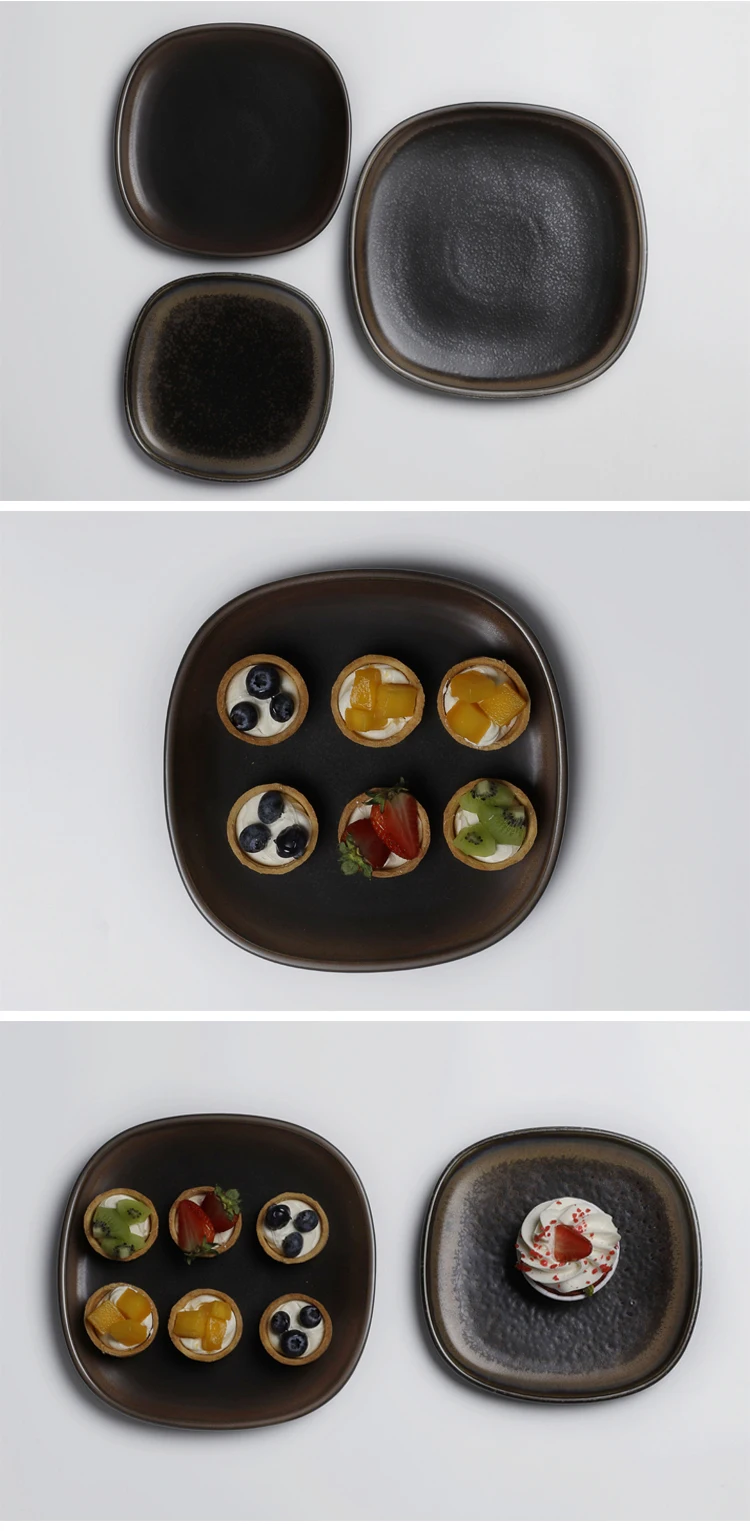 Hot Sale Japanese Restaurant Black Square Glazed Rust Ceramic Dinner Plate