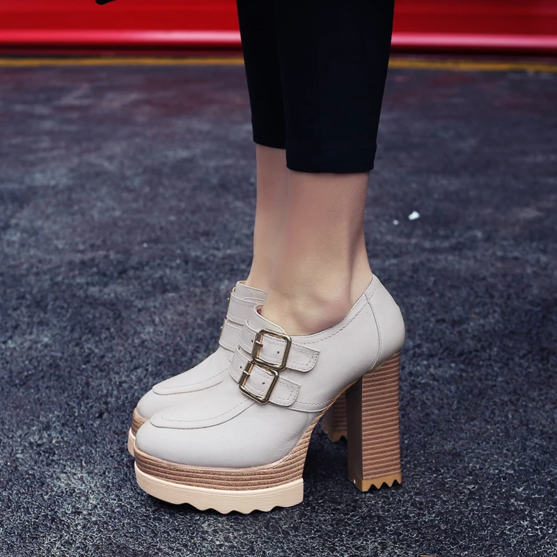 New Round Head Waterproof Platform Buckle Thick Heels Pumps