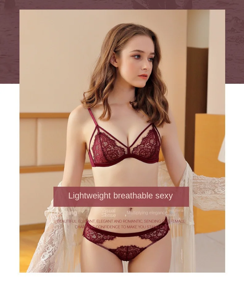 New Sexy French Style Lace Underwear for Women Thin Triangle Cup Push-up Bra Set with Bikini Panties Floral Pattern