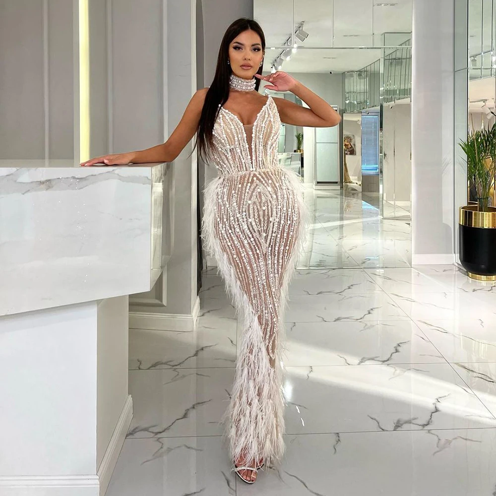 White Nude Mermaid Beaded Feathers Evening Gowns Serene Hill LA72047 Party  Prom Dresses 2023 For Women| Alibaba.com