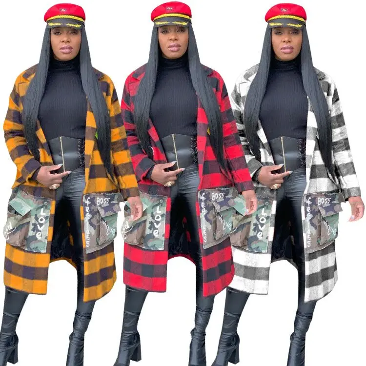 Women Long Coat Plaid Grid Printed Winter Autumn Fall Cardigan Long Letters Camo Print Floral Maxi Jacket for Ladies