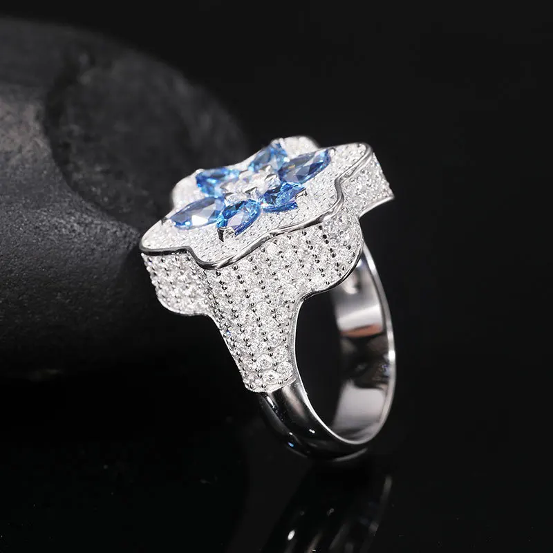 S925 Silver Moissanite Ring for Men Flower Shape with Super Flash Diamond Hip-Hop Style All-Match Natural Diamond Ring