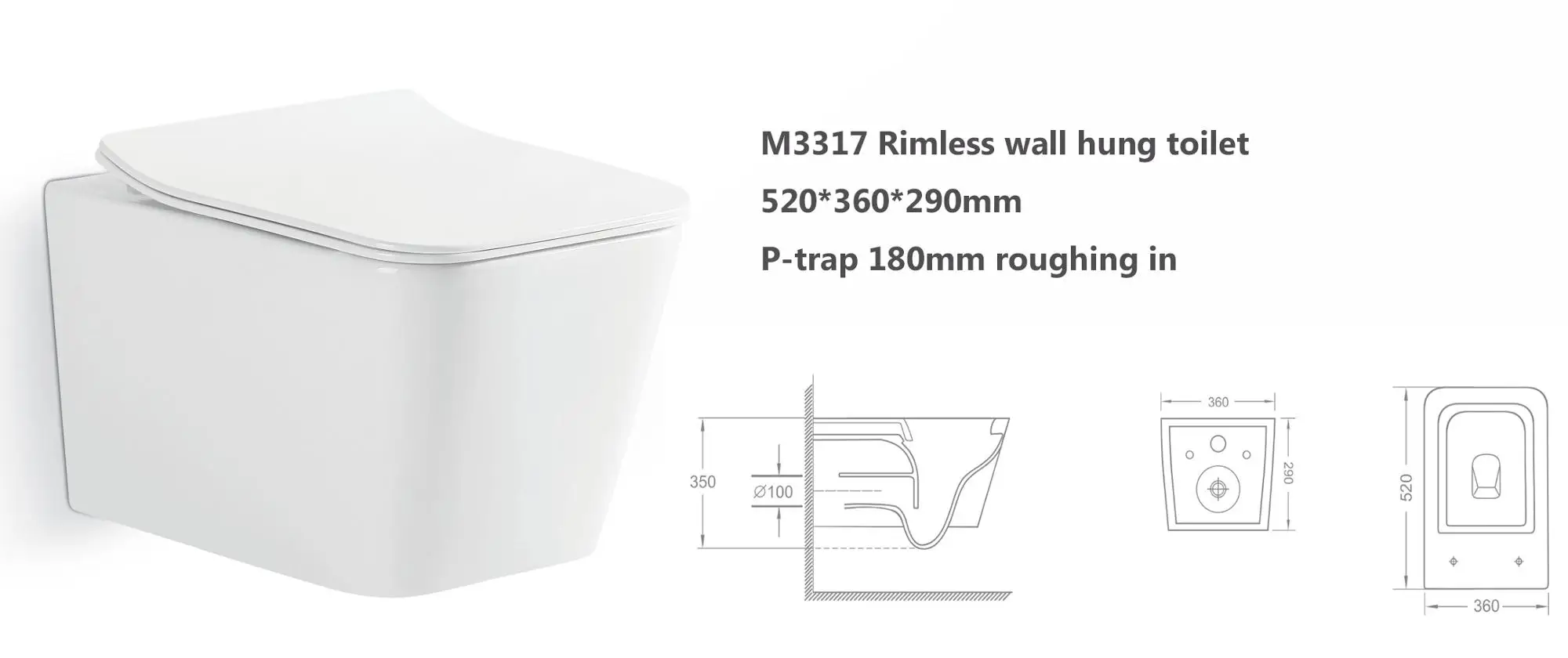 European CE certificated rectangle pan rimless wall hung toilet