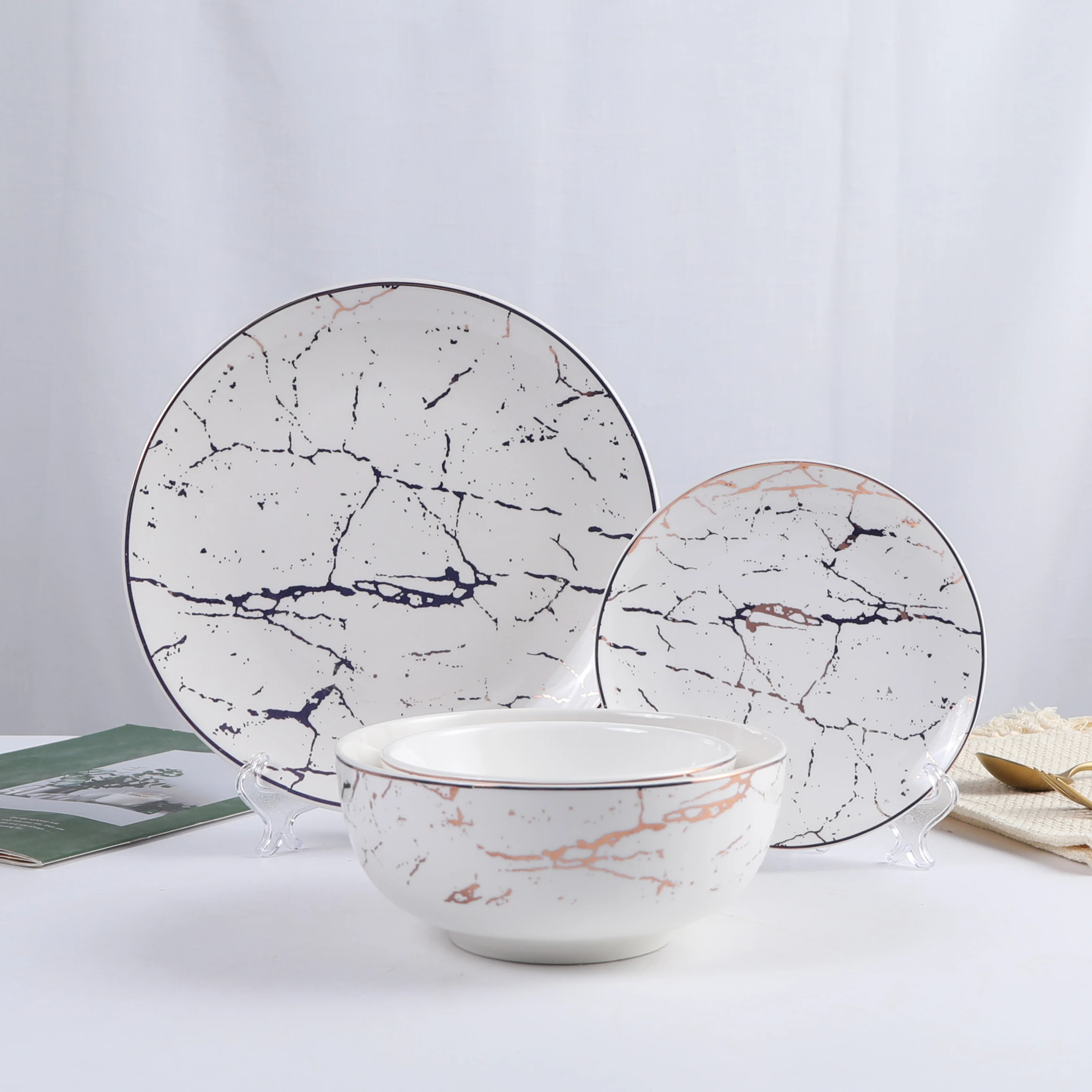 Luxury Gold Mable Ceramic Bowls And Plates Elegant Ceramic Decal Dinner