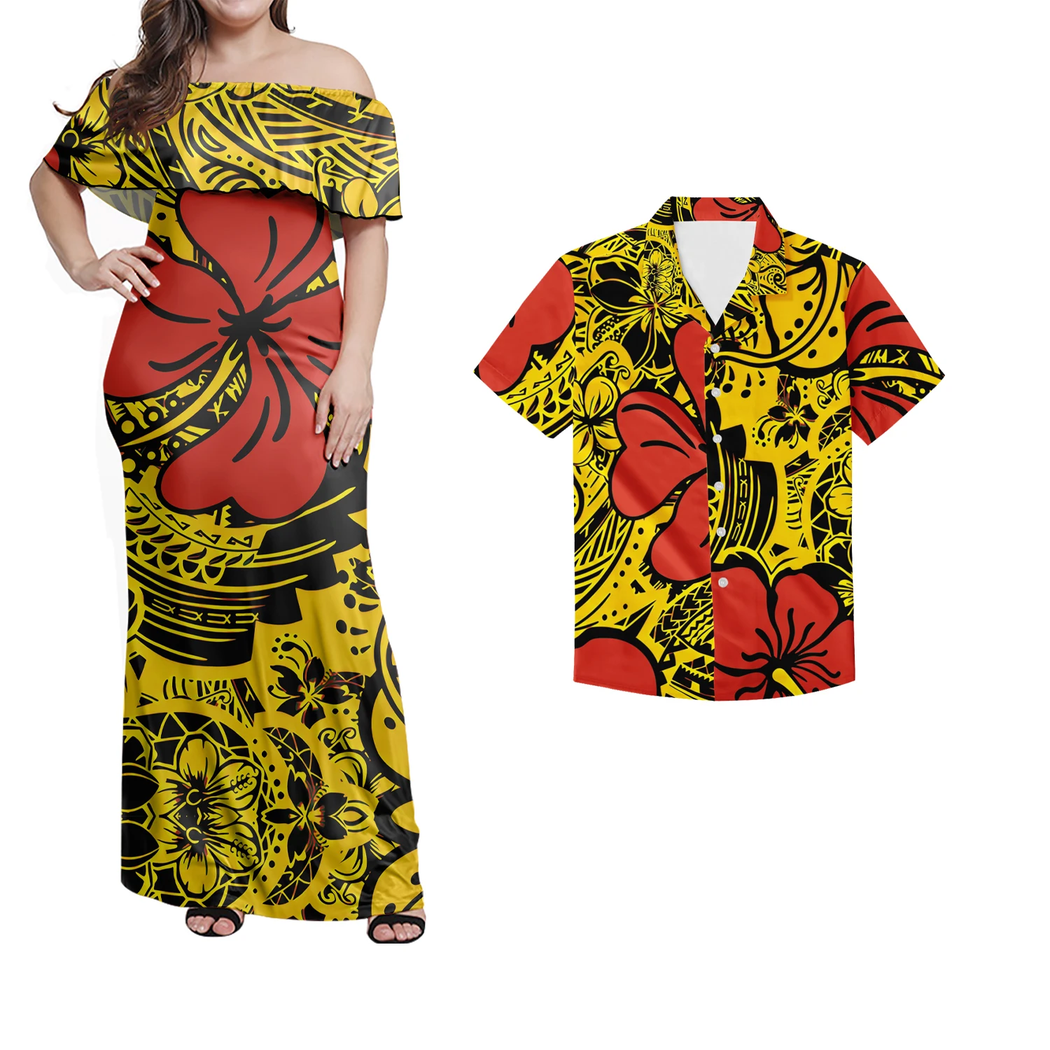 Polynesian Tribal Color Bright Off-shoulder Dress Tonga Couple Suit ...