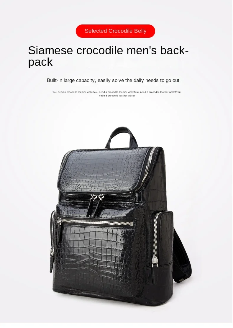 Men's Crocodile Leather Backpack Large Capacity Vintage Style Wear-Resistant Waterproof Design for Travel and Outdoor Use