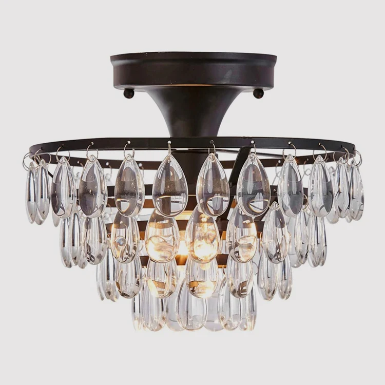 Modern Indoor Ceiling Lamp Vintage Black Iron Crystal Chandelier For Hotel Home Decor