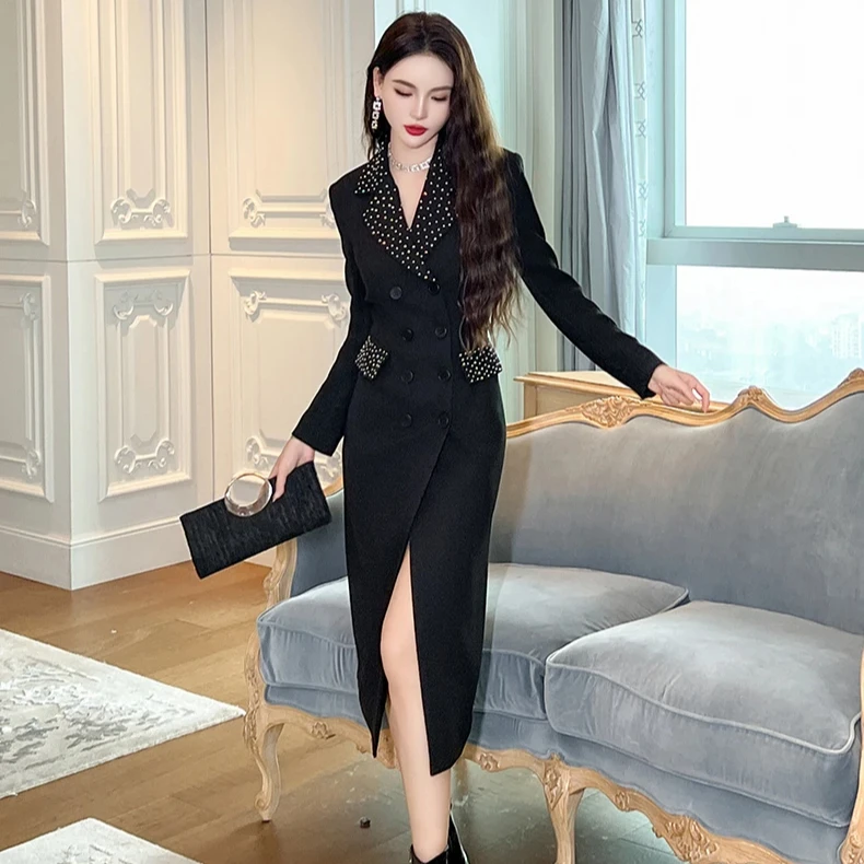 black bodycon blazer dress Zyht 30573 Office Ladies Lapel Collar Double Button Polka Dots Long Pencil Dress Dusty Blue Slip Dress Category_Nightwear/Dressing Gowns And Robes Featuring a zip Color:Sage Floral