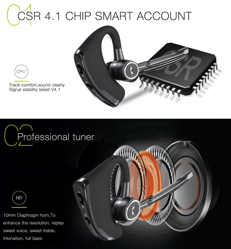 V8 V8S V9 Stereo Smart Bluetooth 4.1 Earphone Business Wireless Headset Ear-hook Headphones with Mic For phones