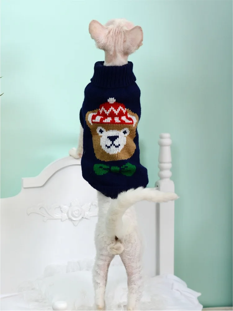 Luxury Cat Sweater Hairless Male Cat Winter Warm Costume Acrylic Christmas Print Cartoon Design Pet Apparel