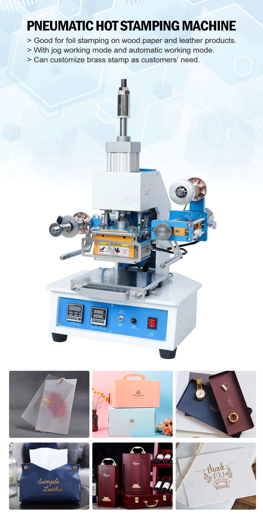 Zonesun Zy819e Pneumatic Automatic Stamping Machine Leather Logo Creasing Machine Stamper High