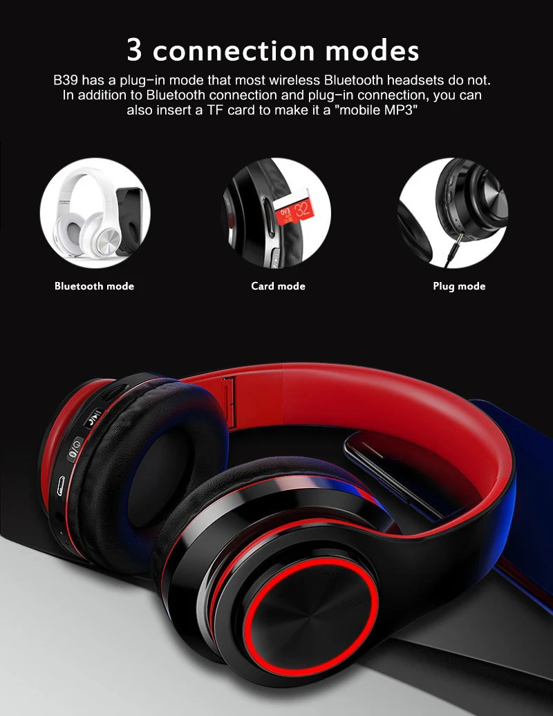 New B39 Portable Wireless Headphones Stereo Foldable Music Headset Support SD Card Deep Bass Folding With Mic - ANKUX.COM