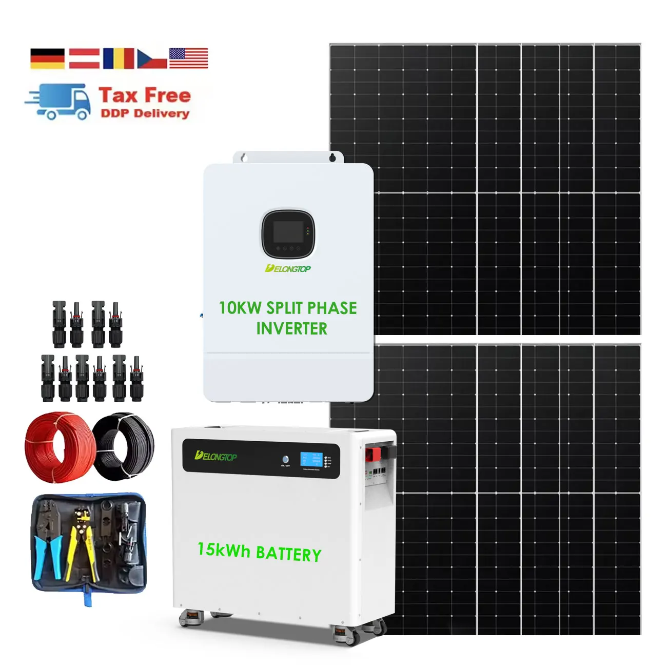 LiFePO4 battery modules stacked in garage with hybrid inverter mounted nearby