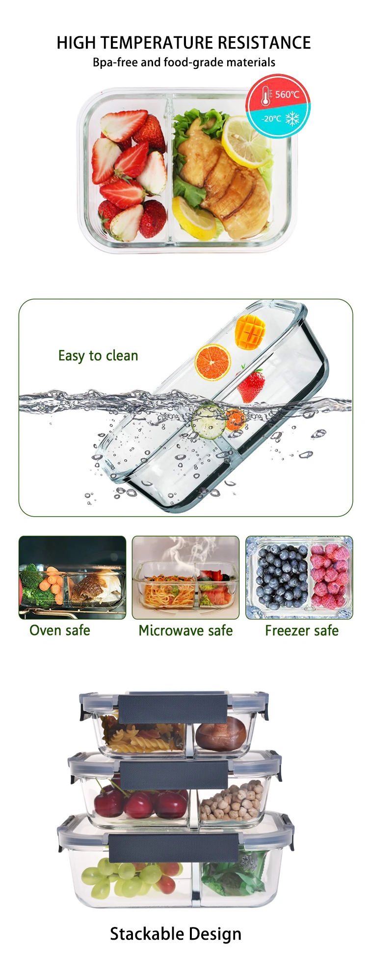 Lunch Box Glass Bento Box With 2 Compartment Microwave Safe Glass Bento ...