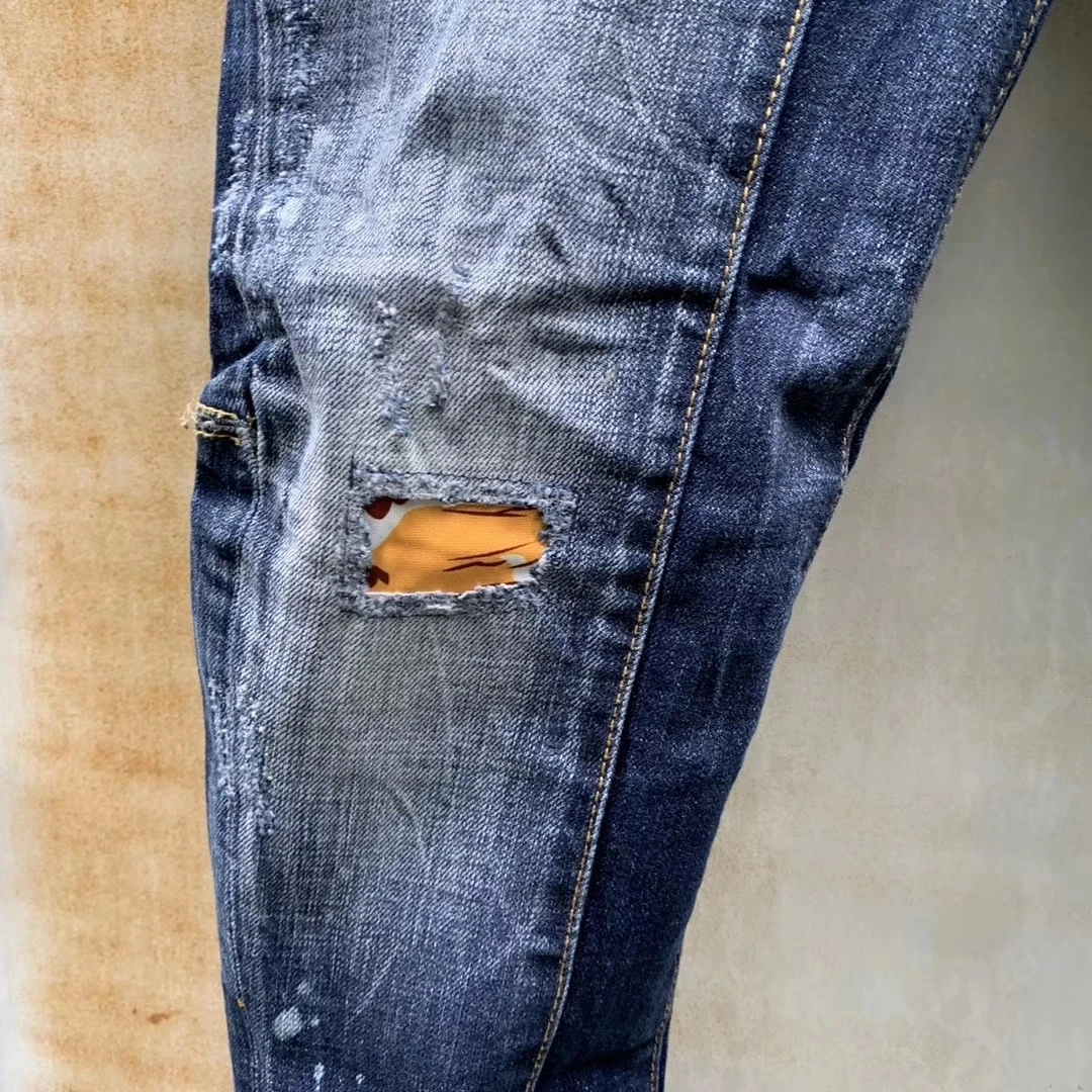 oem设计嘻哈补丁男士复古牛仔裤膝盖说唱孔拉链机车牛仔裤男士宽松