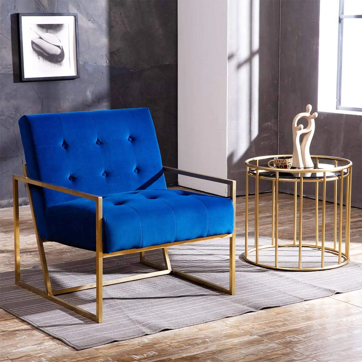 Modern Living Room Chairs Upholstery Navy Velvet Tufted Designer Accent Chairs Golden Fabric Lounge Chair Metal Buy Upholstered Armchair