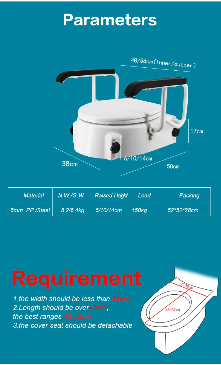 Height Adjustable Raised Toilet Seat With Flip Up Armrest Bathroom Safety Commode Seat Riser