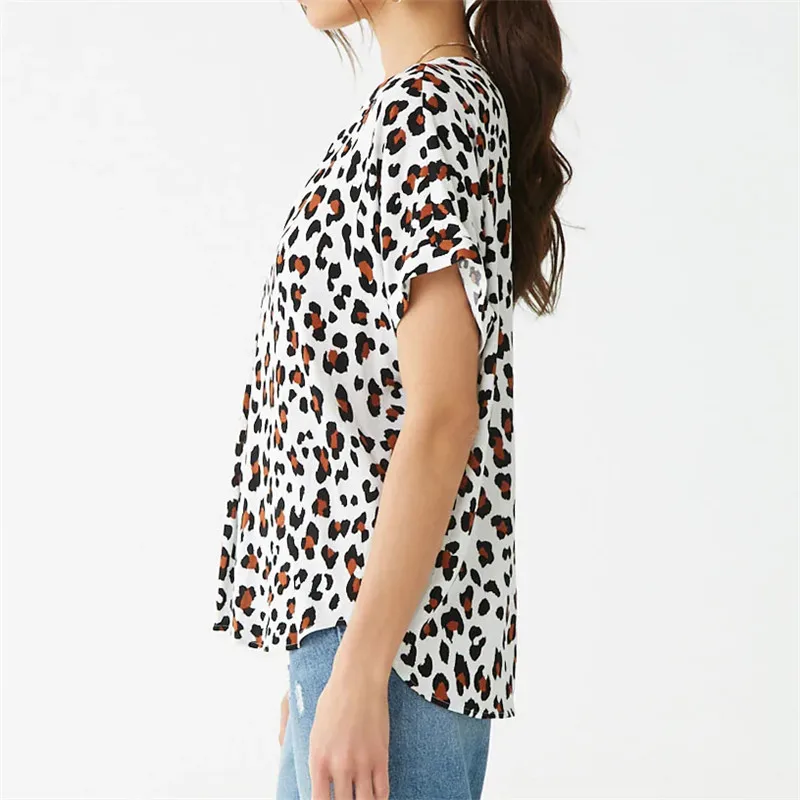 Womens Summer Casual Top Sharemen O Collar Leopard Print Short-Sleeved Shirt Shirt Top 