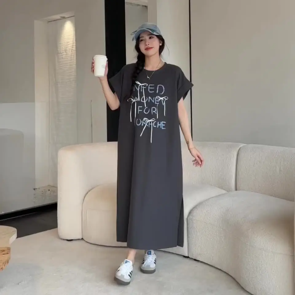 Streetwear Summer Korean Maxi Dress Girls Cotton Long Tee Shirts Casual Beach Oversized Letter Split T Shirt Dresses For Womens