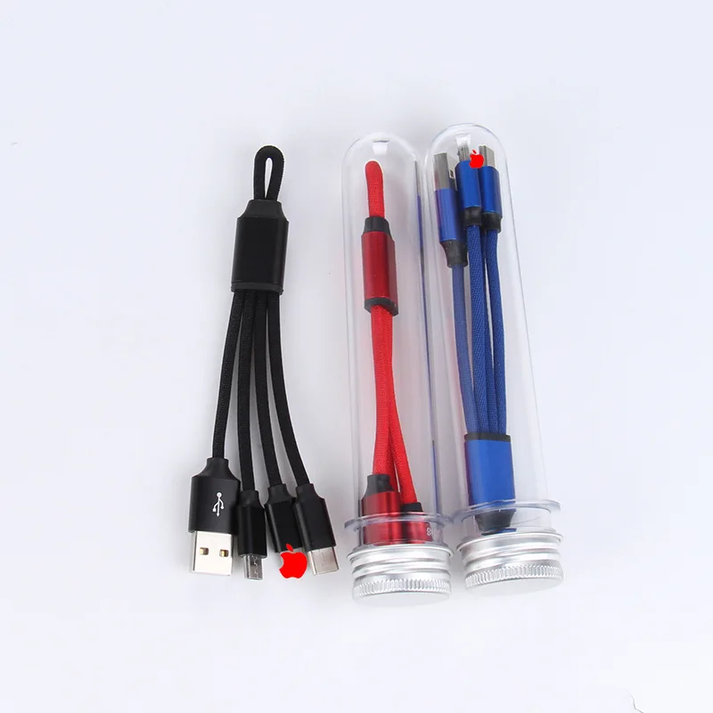 
New type keychain 3 in 1 15CM data cables three charging cables aluminum alloy fabric weaving gift custom LOGO usb cable 