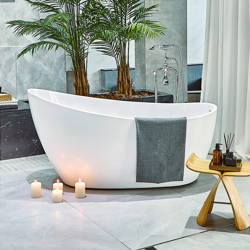Simple White Bath Tub Bathroom Acrylic Oval Glossy Bathtub With