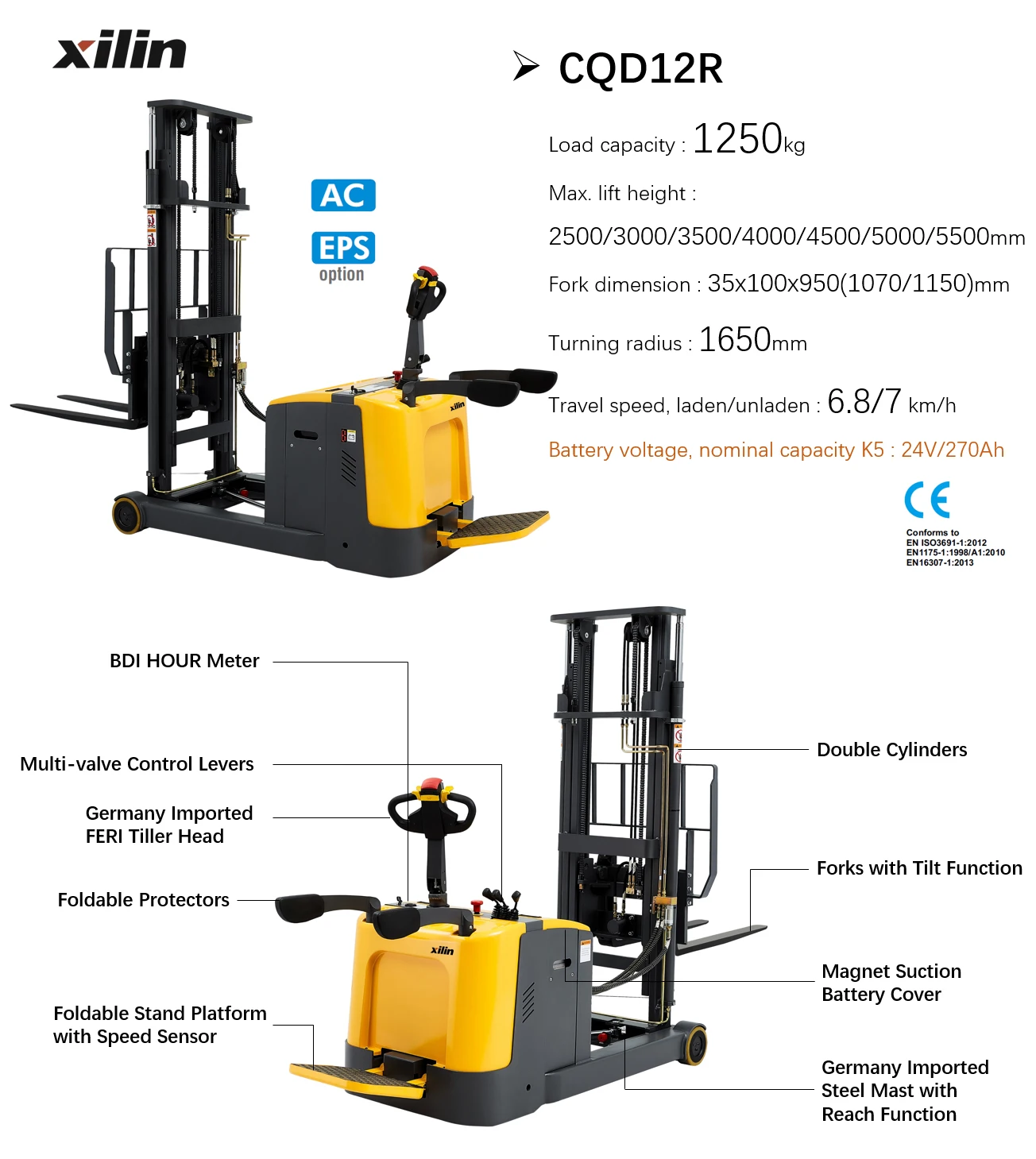 Xilin Electric Forklift 1250kg Counterbalanced Reach Stacker With Ac ...