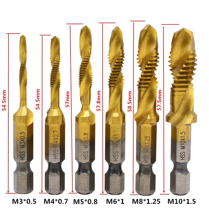 6pcs Hss4241 Screw Taps Drilling And Tapping Machine 3 In 1 Combination