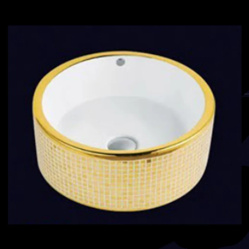 Golden Countertop Ceramic Sinks Bathroom Round Wash Basin