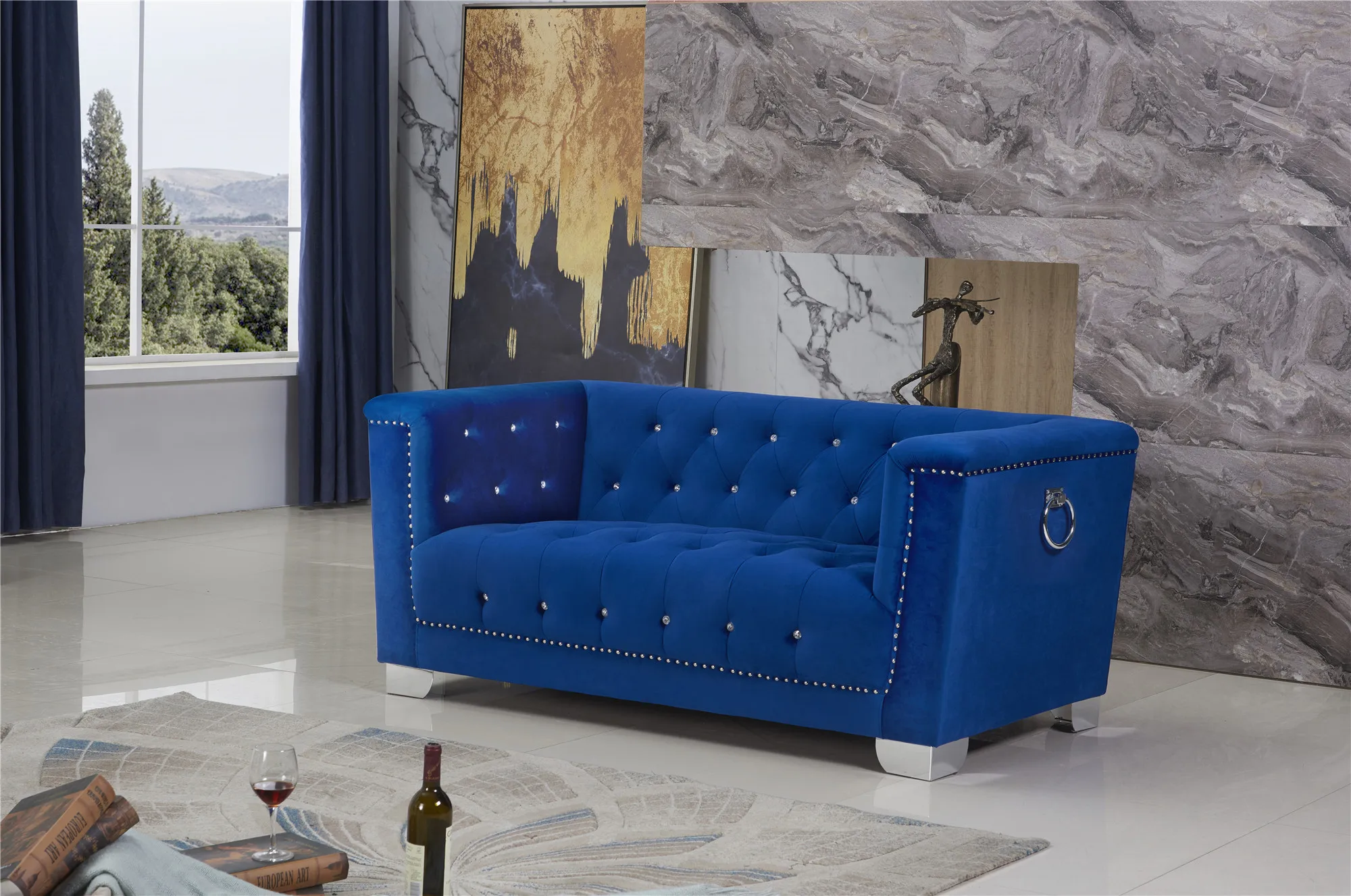 Living room sofas newest chesterfield sofa vintage couch with blue velvet fabric