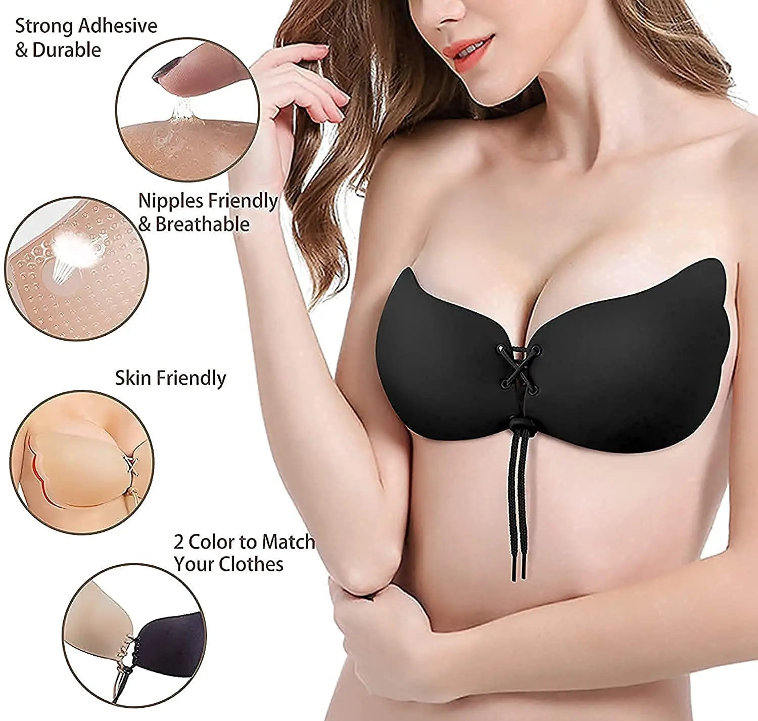 Women Bra Strapless Backless Silicone Stick On Push Up Invisible Adhesive 2Color 