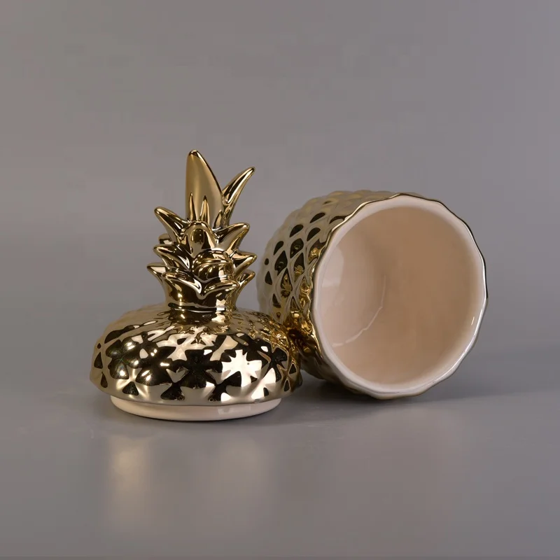 Pineapple golden ceramic candle container with lid for home decoration