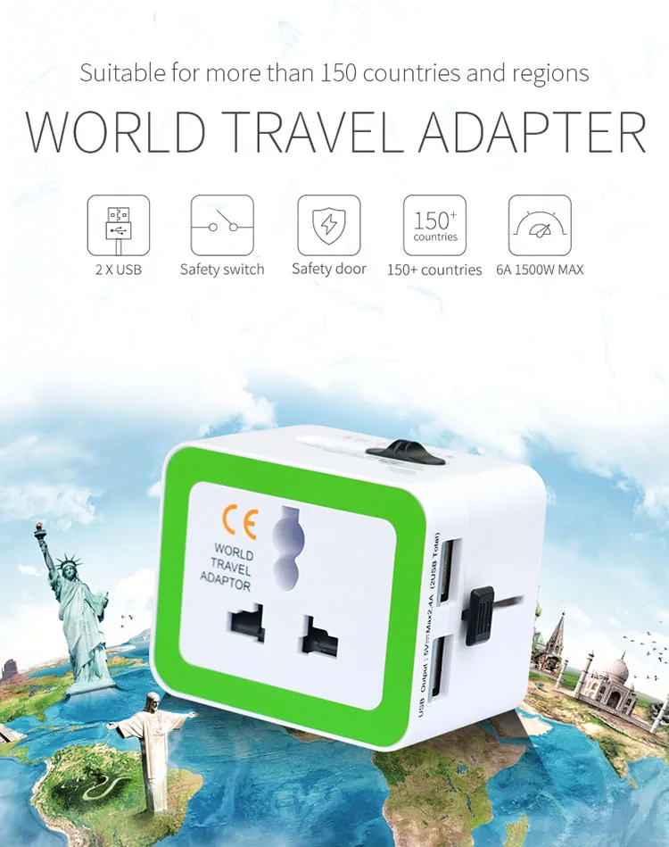 International power adapter multi plug travel adapter travel socket universal world wide travel charger adapter plug with 2USB