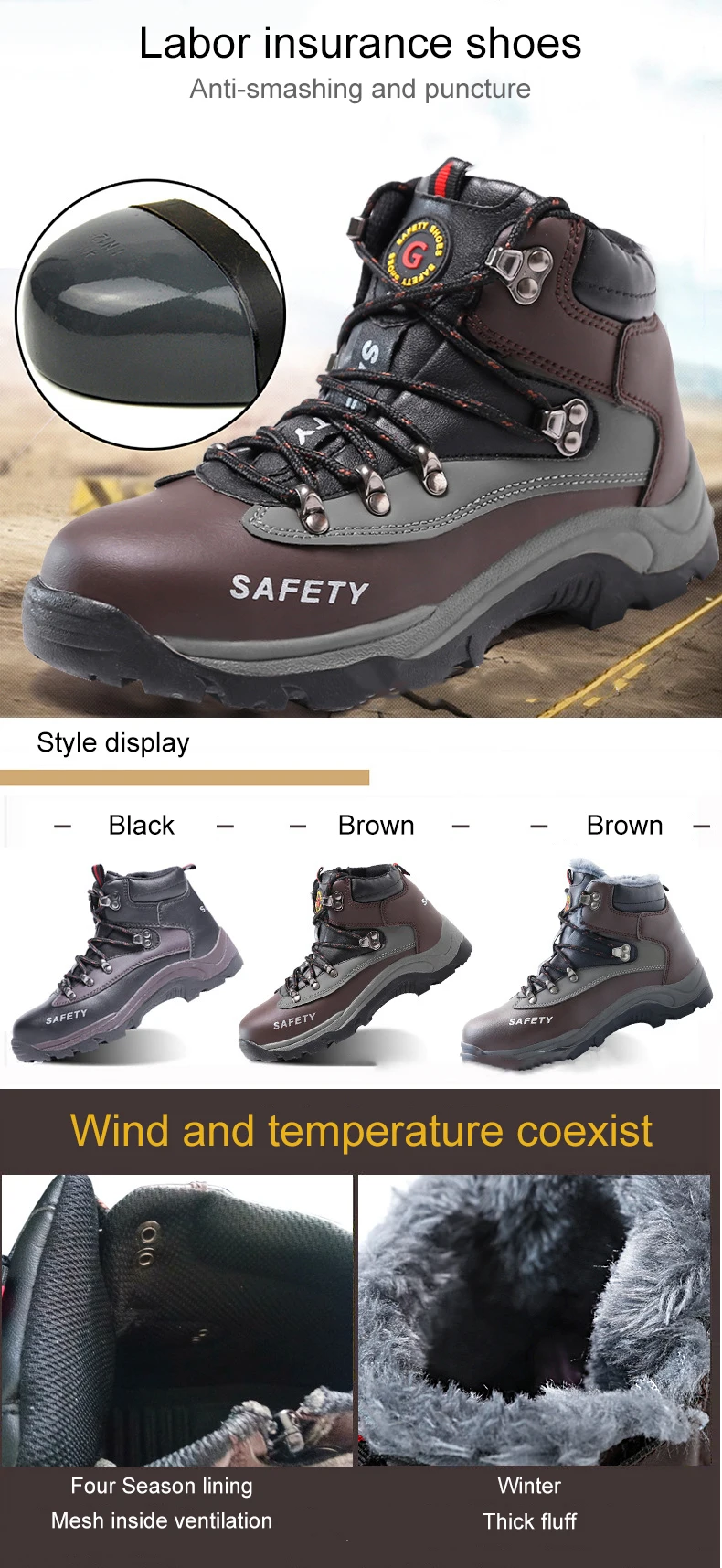 Winter Safety Shoes Warm Work Boots Waterproof Protective Footwear Mid ...