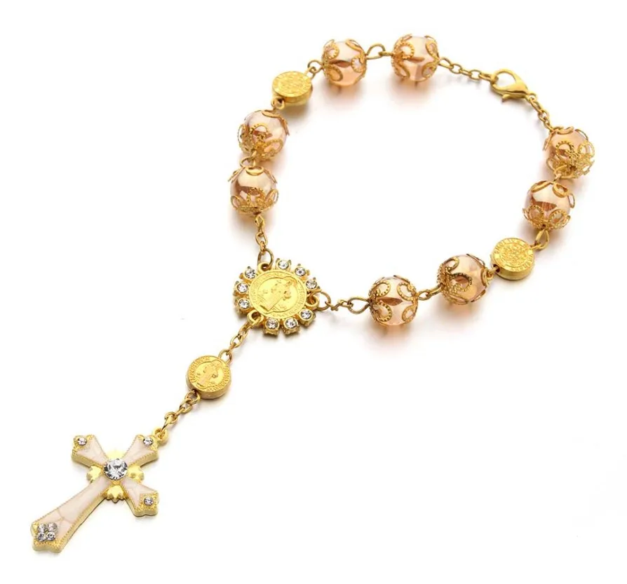 Wholesale Cross Catholic Rose Gold Beaded Rosary Bracelets Jesus