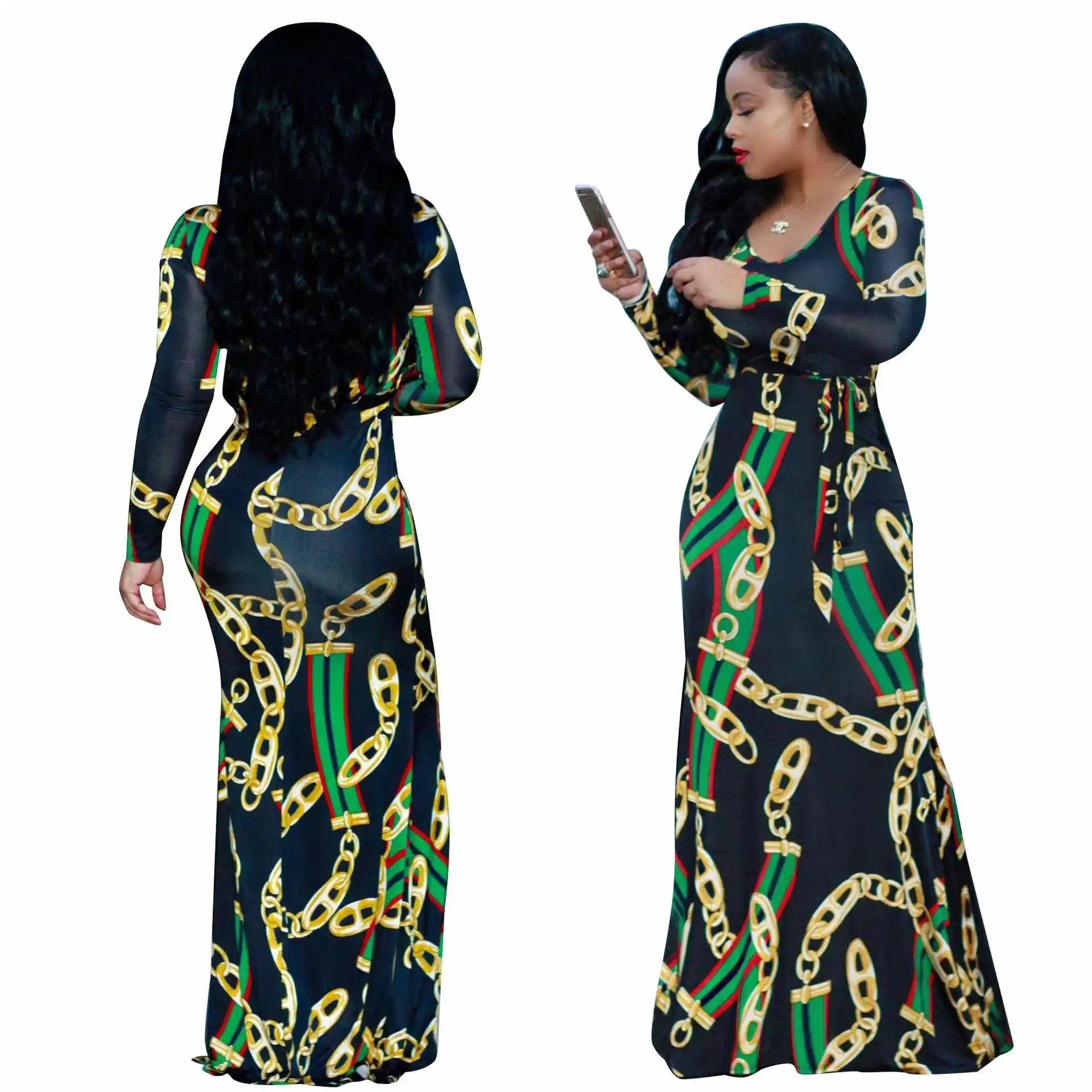 
Wholesale Autumn Spring Print Long Tight Bodycon Maxi Dress Sex For Sale 