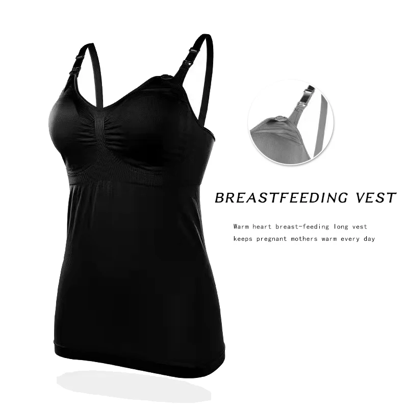 thumbnail image 2 of Women's Maternity Nursing Tank Top With Built-In Bra - Slim Fit Breastfeeding Camisole (L Black) 2 of 10
