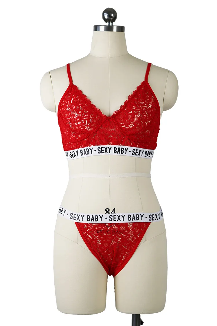 Eaby Hot Selling Sexy Lace Bikini Transparent Lettered Europe and America Sexy Lingerie Set