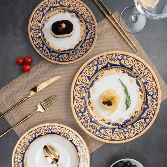 Fine Dining Plateware Luxury High End Star Hotel Restaurant Gold Style Dining Ceramic Bone ...
