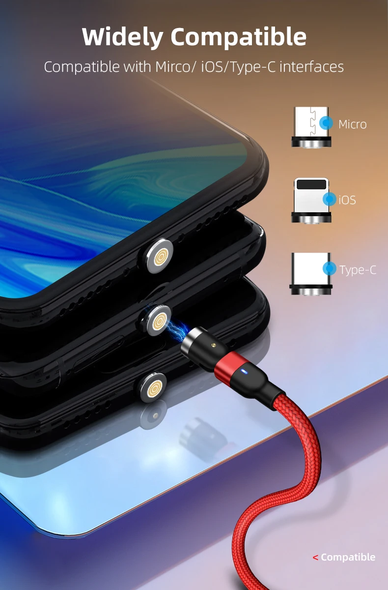 2020 newest magnetic charging cable 540 degree rotation micro usb cable cell phone led charging cable for android USB C / ios